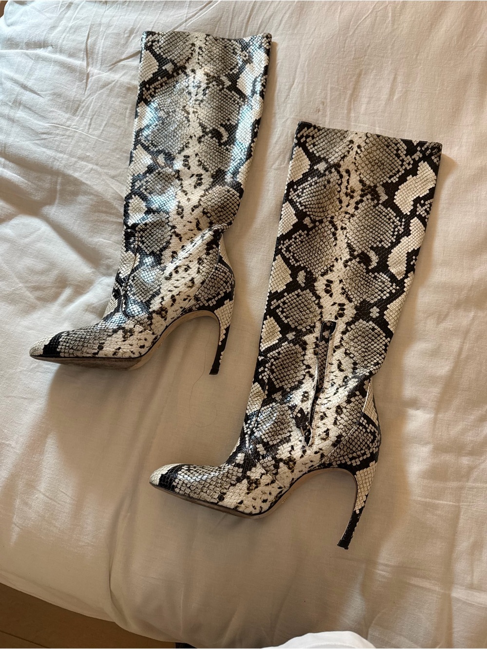 Snake-Print Knee-High Stiletto Boots - Black & White